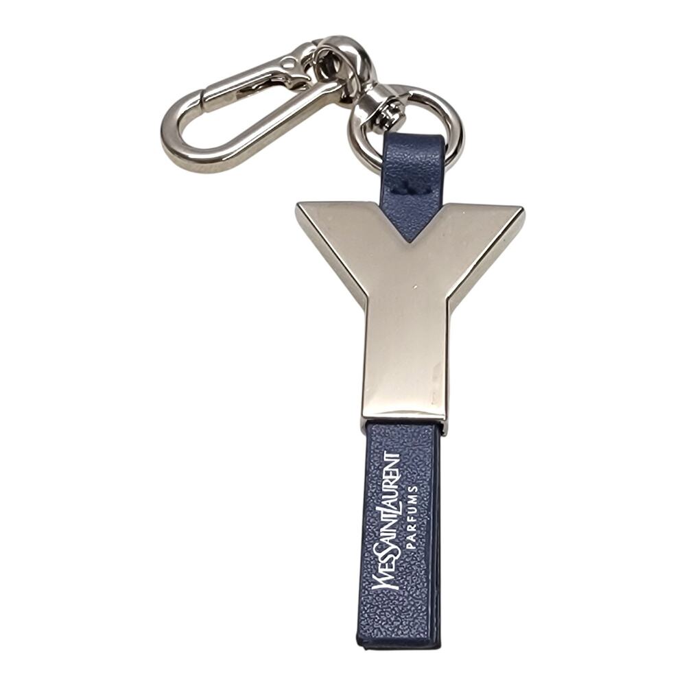 YSL Yves Saint Laurent Parfums Y Logo Silver Metal Leather Key Ring Bag Charm